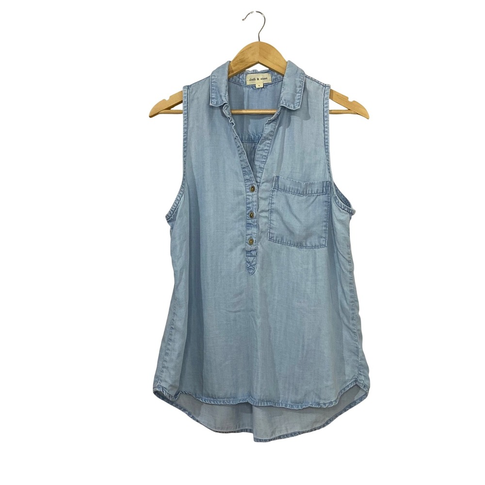 Cloth & Stone Womens Light Wash Blue Tencel Sleeveless Shirt Chambray Popover L